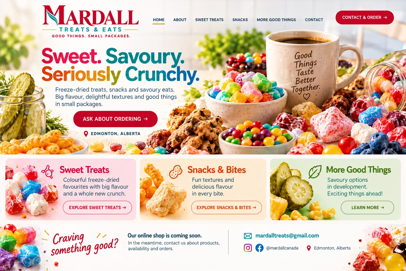 Mardall Treats & Eats. Sweet. Savoury. Seriously Crunchy. A colourful spread of treats, snacks, pickles and coffee. Our online shop is coming soon. Contact mardalltreats@gmail.com to ask about ordering.